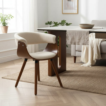 Fauteuil de salle à manger et de cuisine, aspect lin, beige, pieds en bois