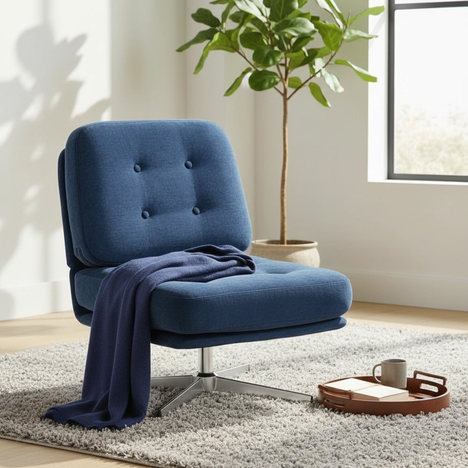Fauteuil d'appoint bleu en velours côtelé avec assise large et rotation 360°