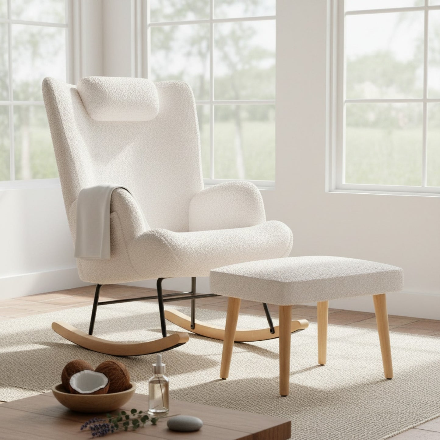 Fauteuil "Together" en tissu Teddy crème avec repose-pieds et poche latérale