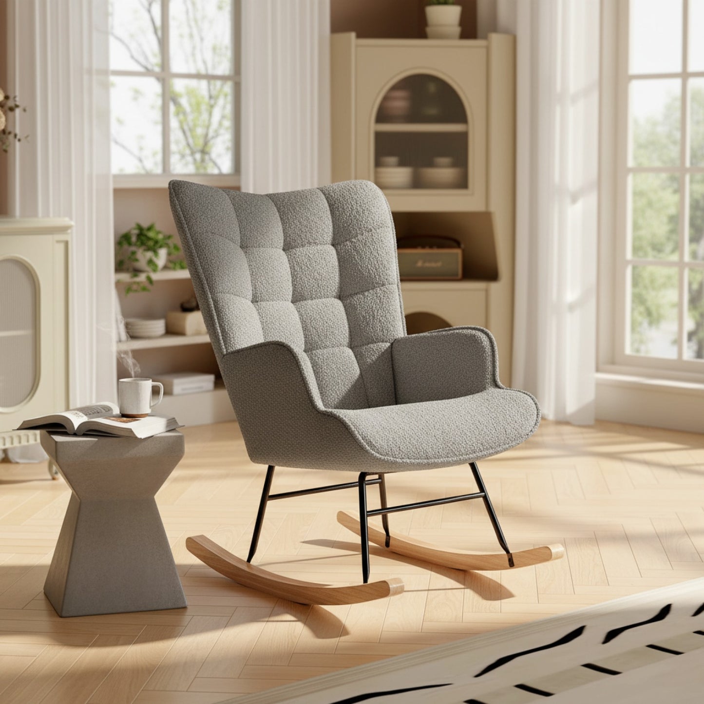 Fauteuil à Bascule Fangange Confortable - Gris - Tissu Teddy & Bois Massif