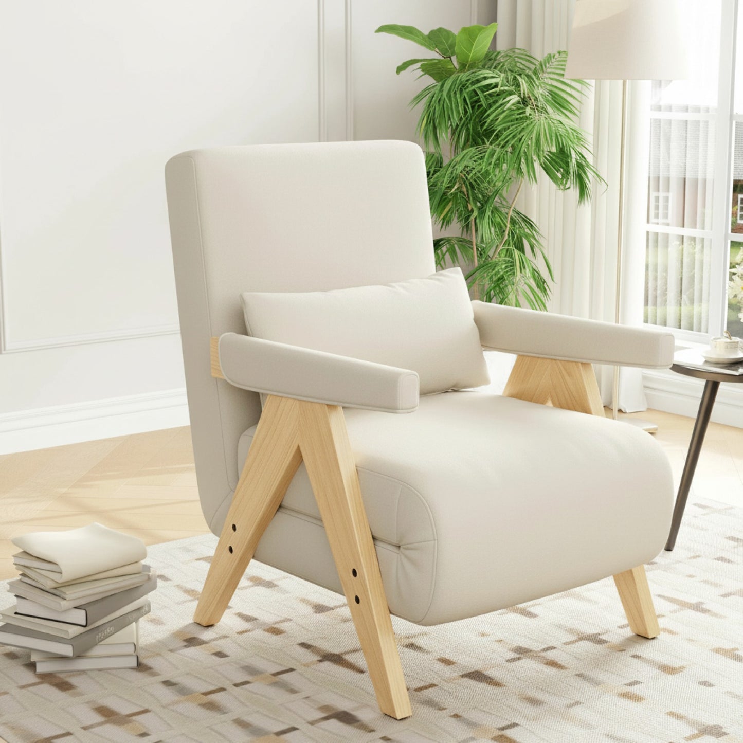 Fauteuil Convertible 3-en-1 en Lin Beige - Dossier Réglable 6 Positions, Coussin Inclus - MODFU 87x64x60cm