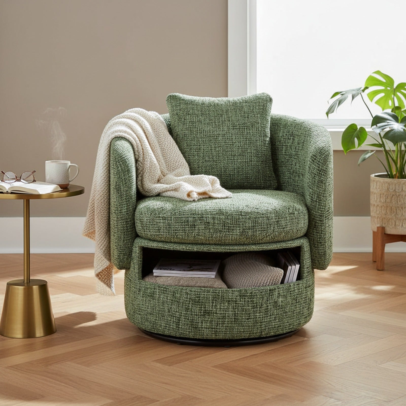 Fauteuil Vert Pivotant 360° avec Rangement Caché et Coussin Confortable