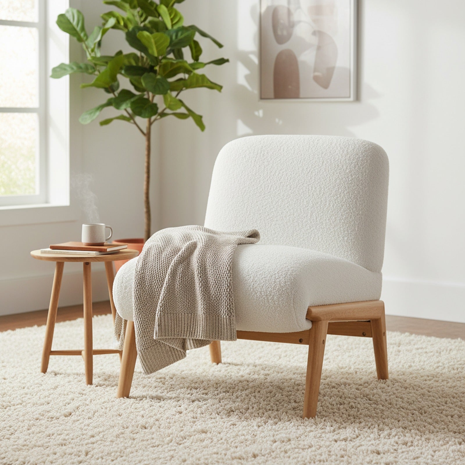 Fauteuil Lounge Scandinave en Velours Chenille Ivoire - Pieds Bois Massif