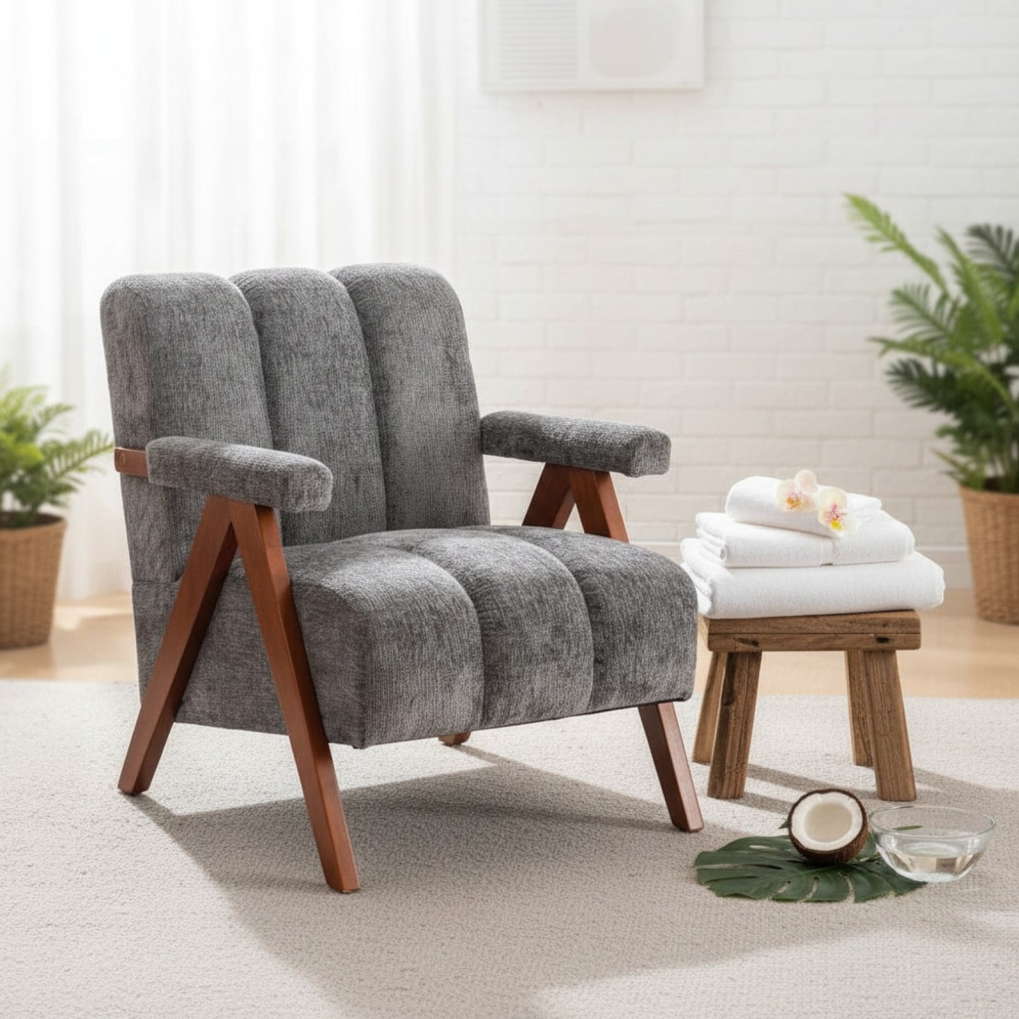 Fauteuil Bouclé Gris avec Pieds en Bois Massif - Style Moderne