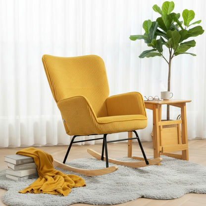 Fauteuil à Bascule Jaune Confortable avec Accoudoirs et Pieds en Bois