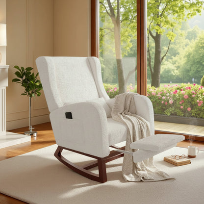Fauteuil à Bascule Superaly en Velours Teddy Blanc avec Repose-Pieds et Coussin Lombaire