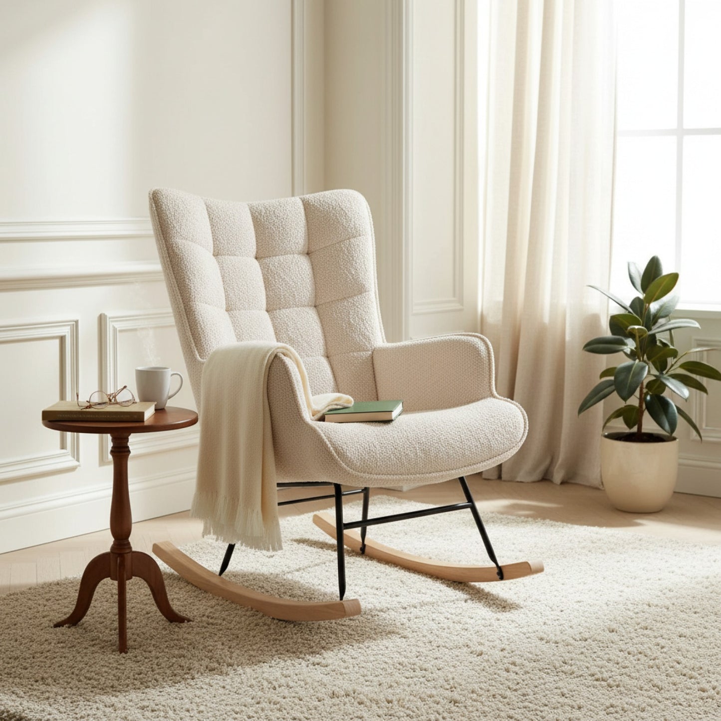 Fauteuil à bascule Superaly en velours Teddy beige, style moderne pour salon et chambre