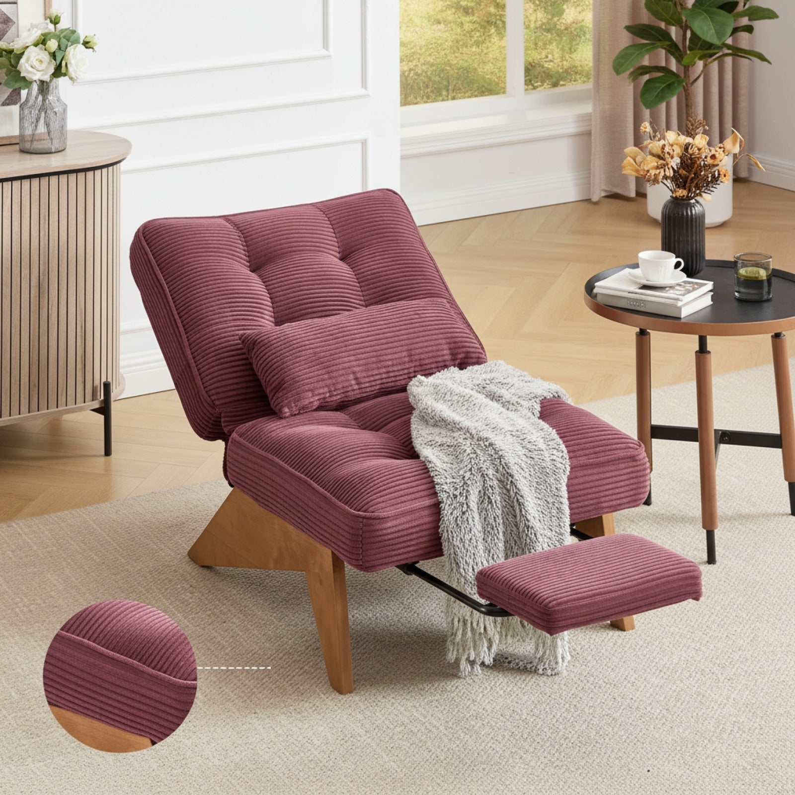 Fauteuil Lounge Côtelé Moderne avec Repose-pieds et Coussin Lombaire - Bois Massif
