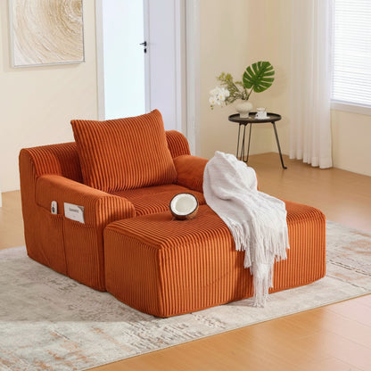 Fauteuil confortable en velours côtelé orange avec pouf et poches latérales