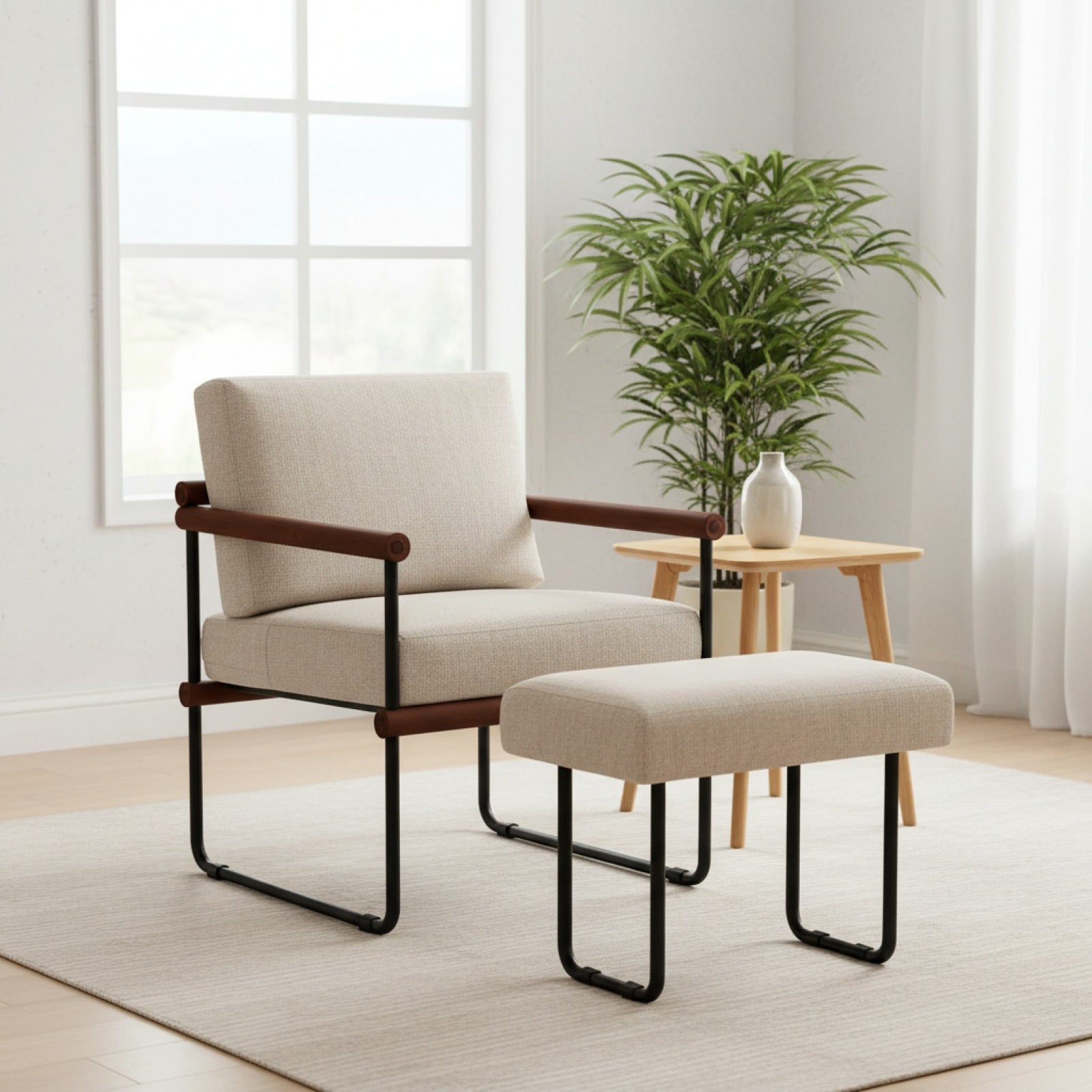 Fauteuil Moderne en Métal avec Coussin Confortable en Coton Lin