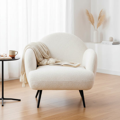 Fauteuil Blanc Moderne en Tissu Teddy avec Pieds Métal Noir - Confort et Style pour Salon