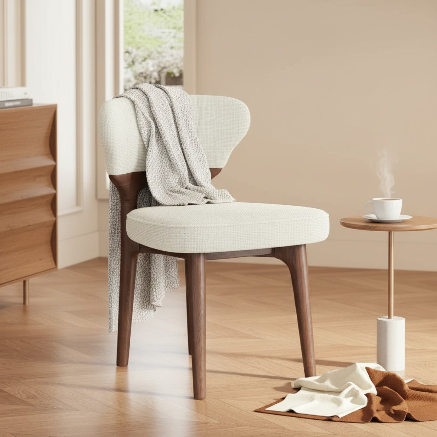 Lot de 2 Fauteuils de Salle à Manger en Bois Massif, Assise Confortable en Tissu Chenillé, Style Moderne Beige Clair