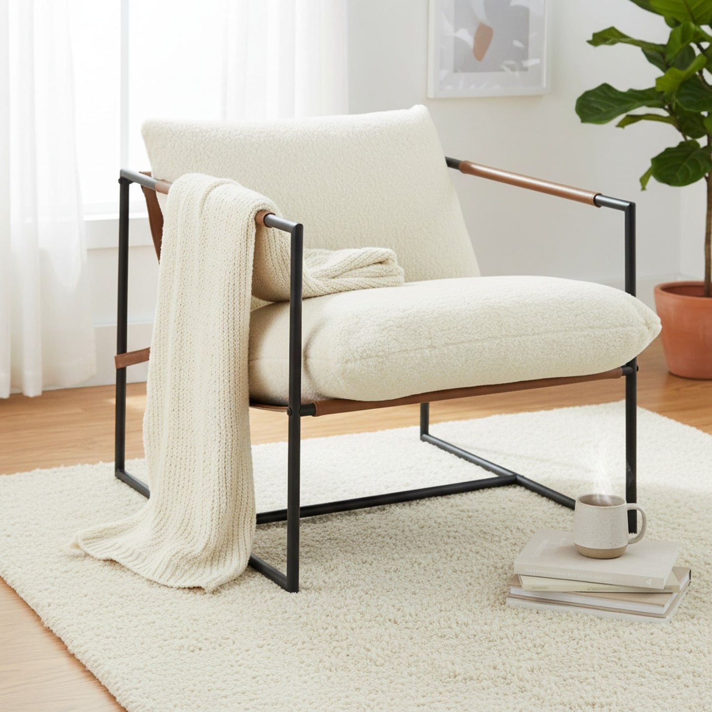 Fauteuil Salon HOMCOM Confortable Assise Large Tissu Bouclé Crème Structure Acier