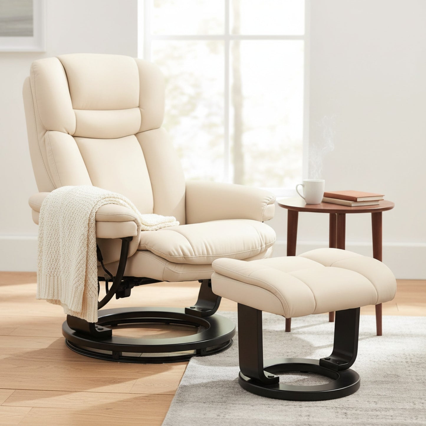 HOMCOM Fauteuil de Salon Pivotant et Inclinable en PU Crème avec Repose-pieds - Confort Optimal
