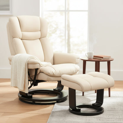 HOMCOM Fauteuil de Salon Pivotant et Inclinable en PU Crème avec Repose-pieds - Confort Optimal