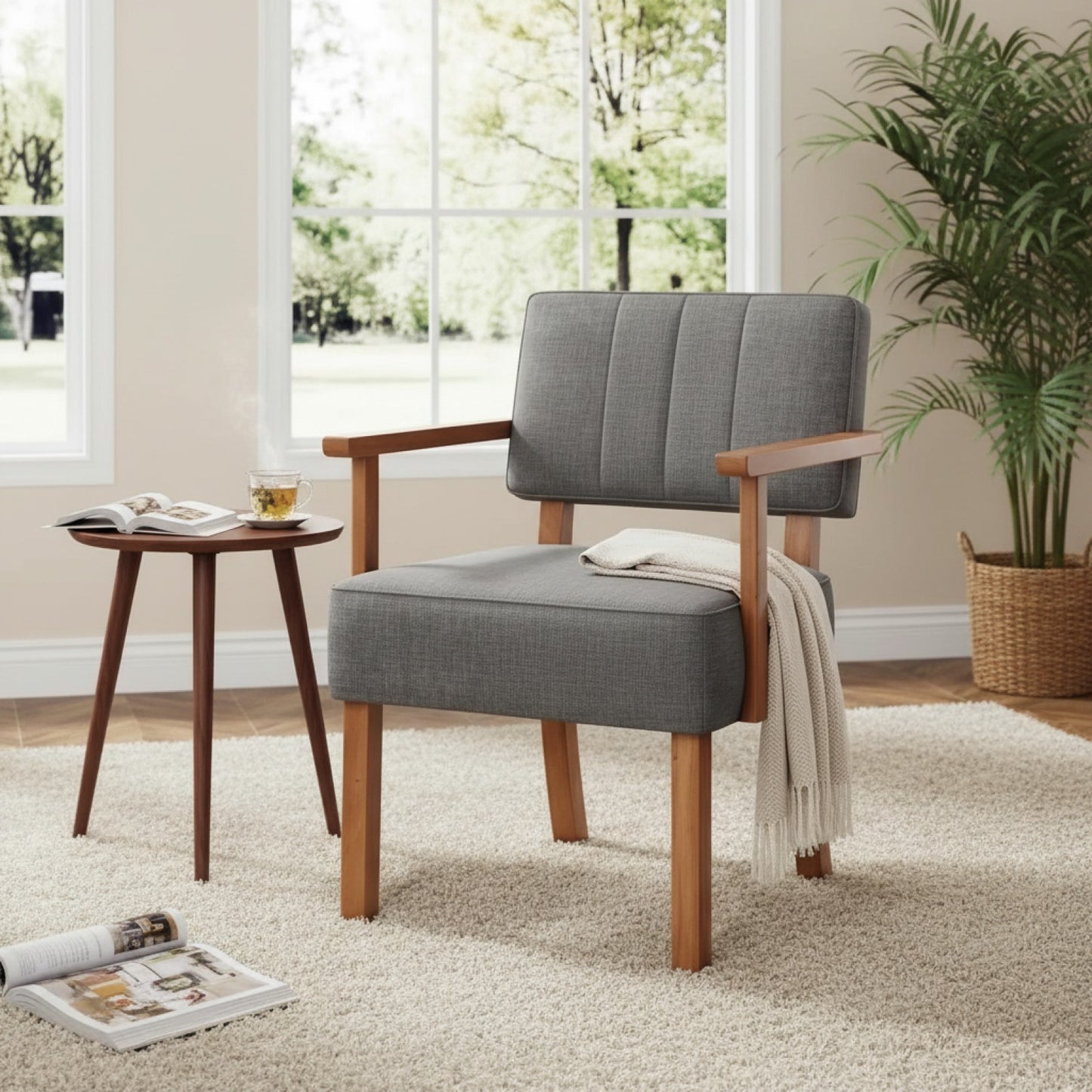 Lot de 2 Fauteuils Mid-Century Gris en Lin et Bois, Style Rétro pour Salon et Chambre