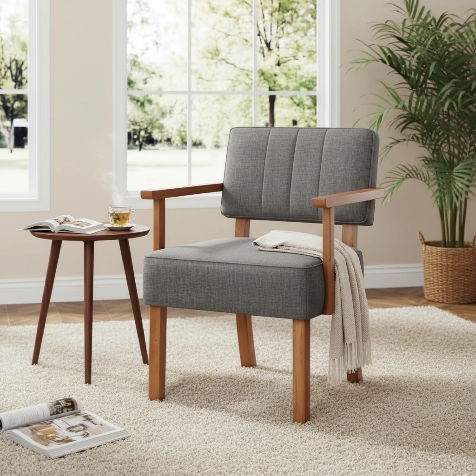 Lot de 2 Fauteuils Mid-Century Gris en Lin et Bois, Style Rétro pour Salon et Chambre