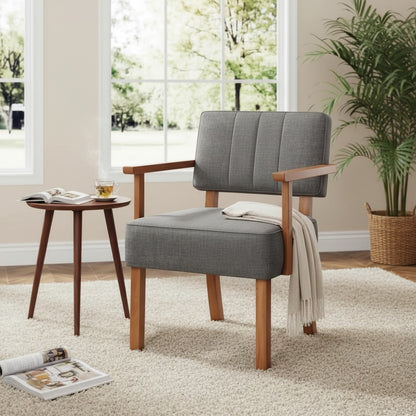 Lot de 2 Fauteuils Mid-Century Gris en Lin et Bois, Style Rétro pour Salon et Chambre