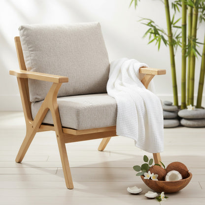 Fauteuil Scandinave HOMCOM en Tissu Beige avec Coussin Épais et Pieds en Hévéa