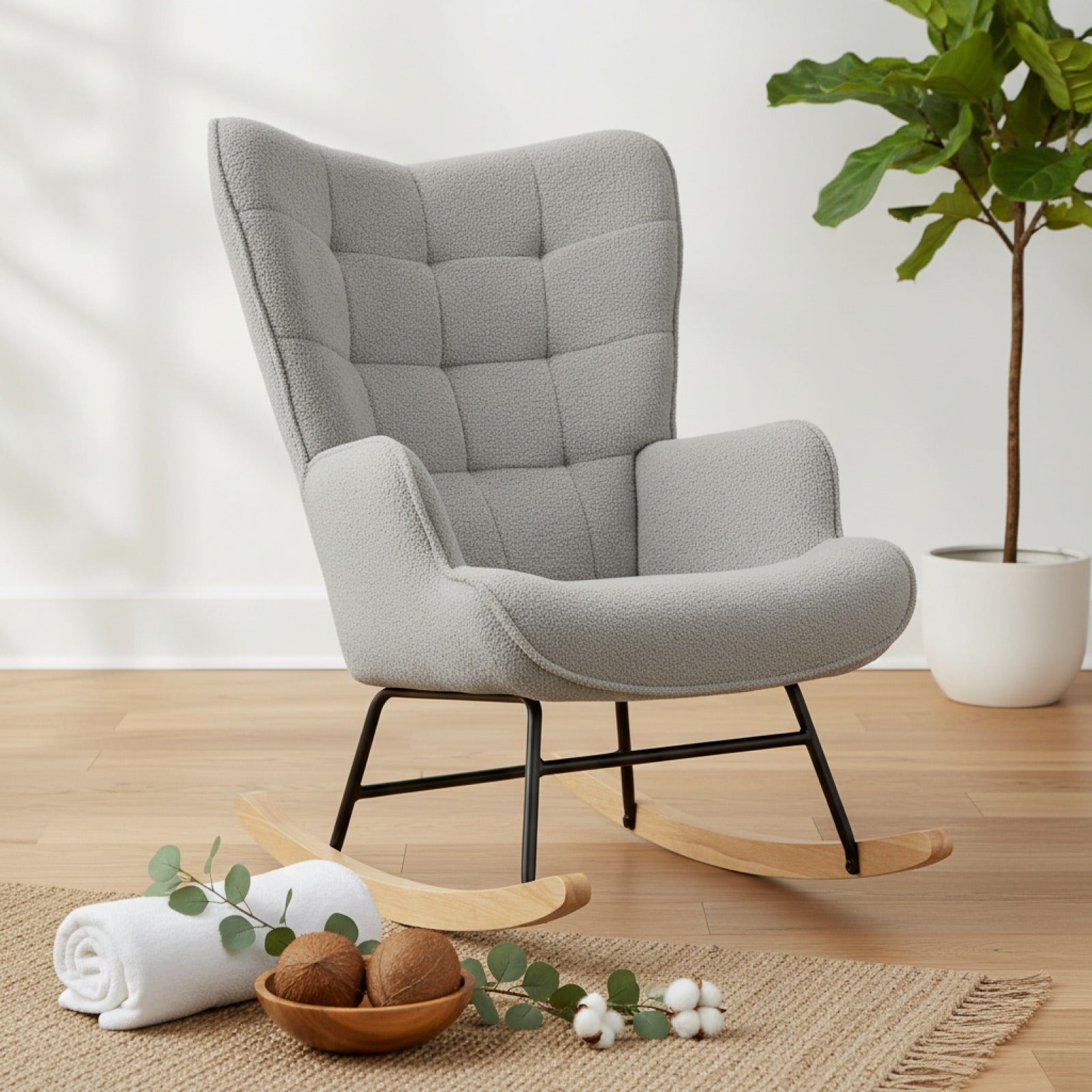 Fauteuil à Bascule Comanlai Velours Wingback Gris Clair - Confort Moderne