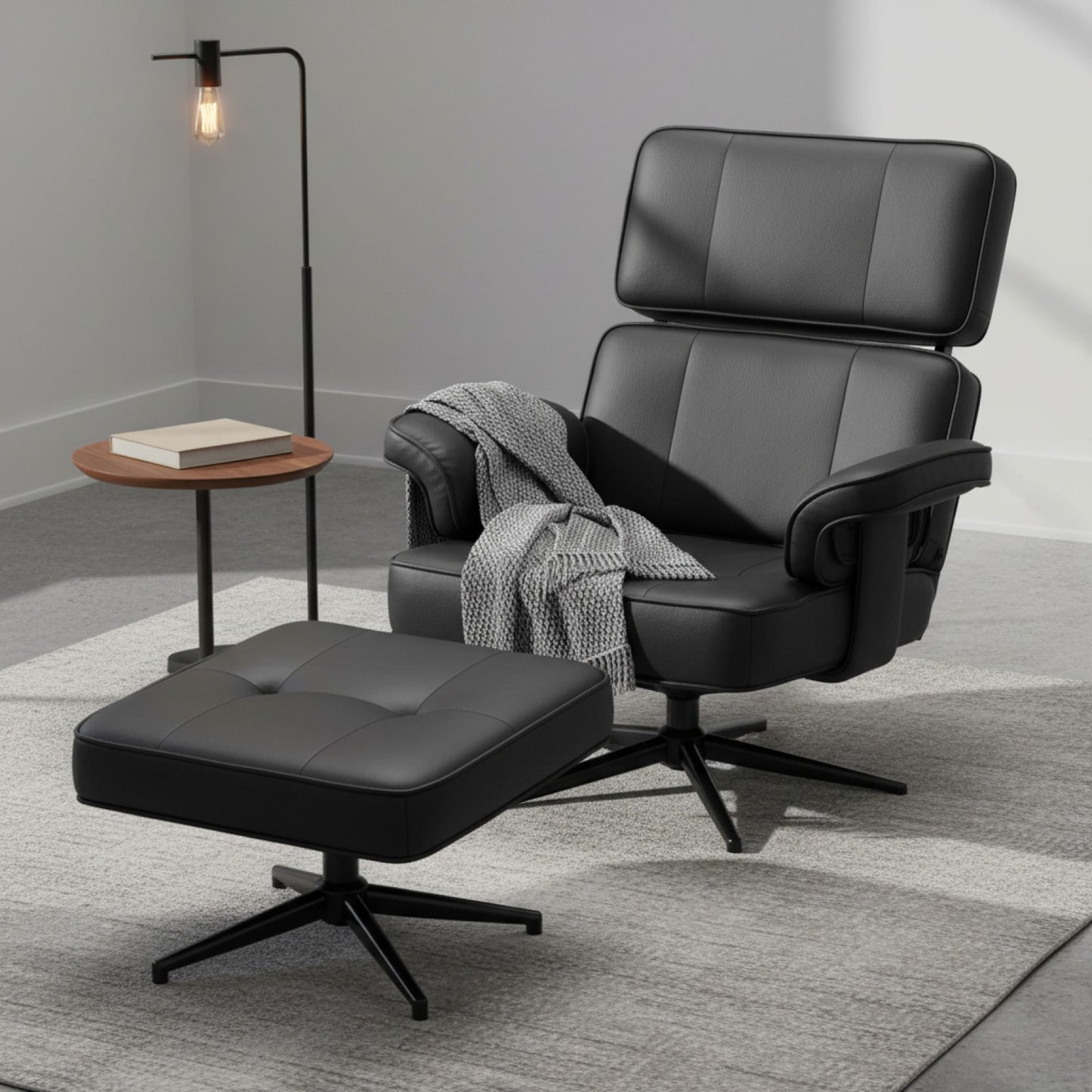 Fauteuil Relax en Similicuir Noir avec Repose-Pieds - Design Moderne et Confortable