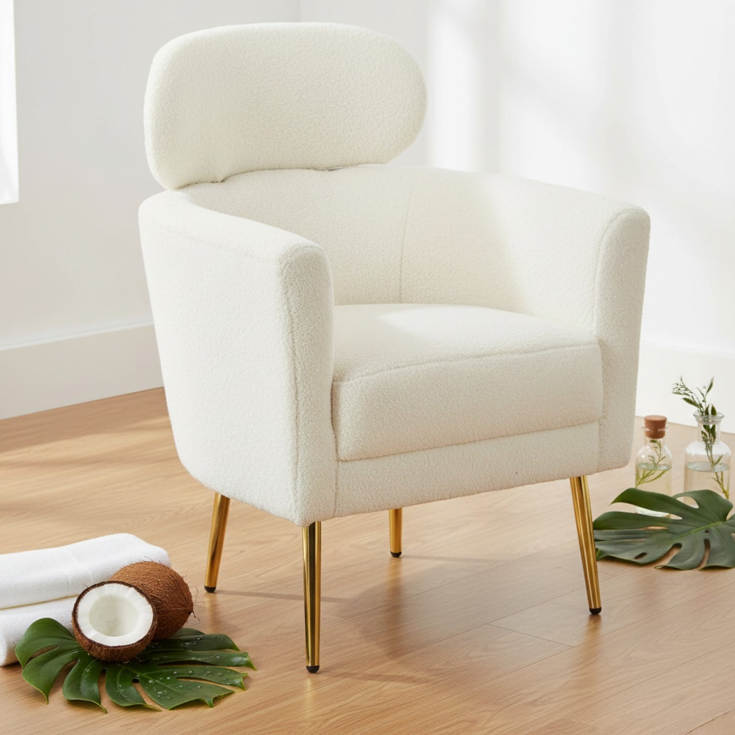 Fauteuil HOMCOM design moderne en tissu peluche, pieds métal doré, repose-tête amovible