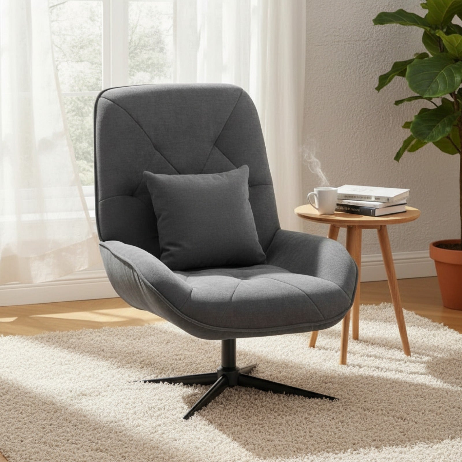 Fauteuil d'appoint pivotant en chenille gris foncé avec coussin lombaire