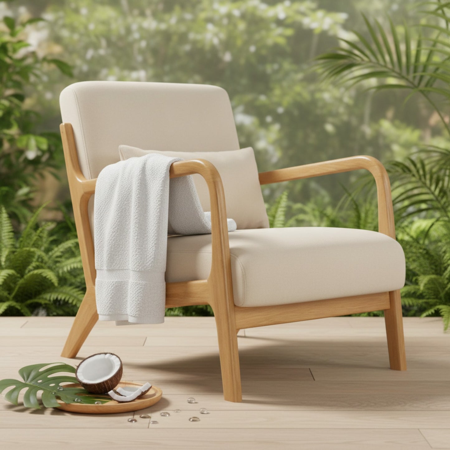 Fauteuil Lounge en Bois d'Hévéa et Velours Beige - Confort et Design Zen (61x78x76cm)
