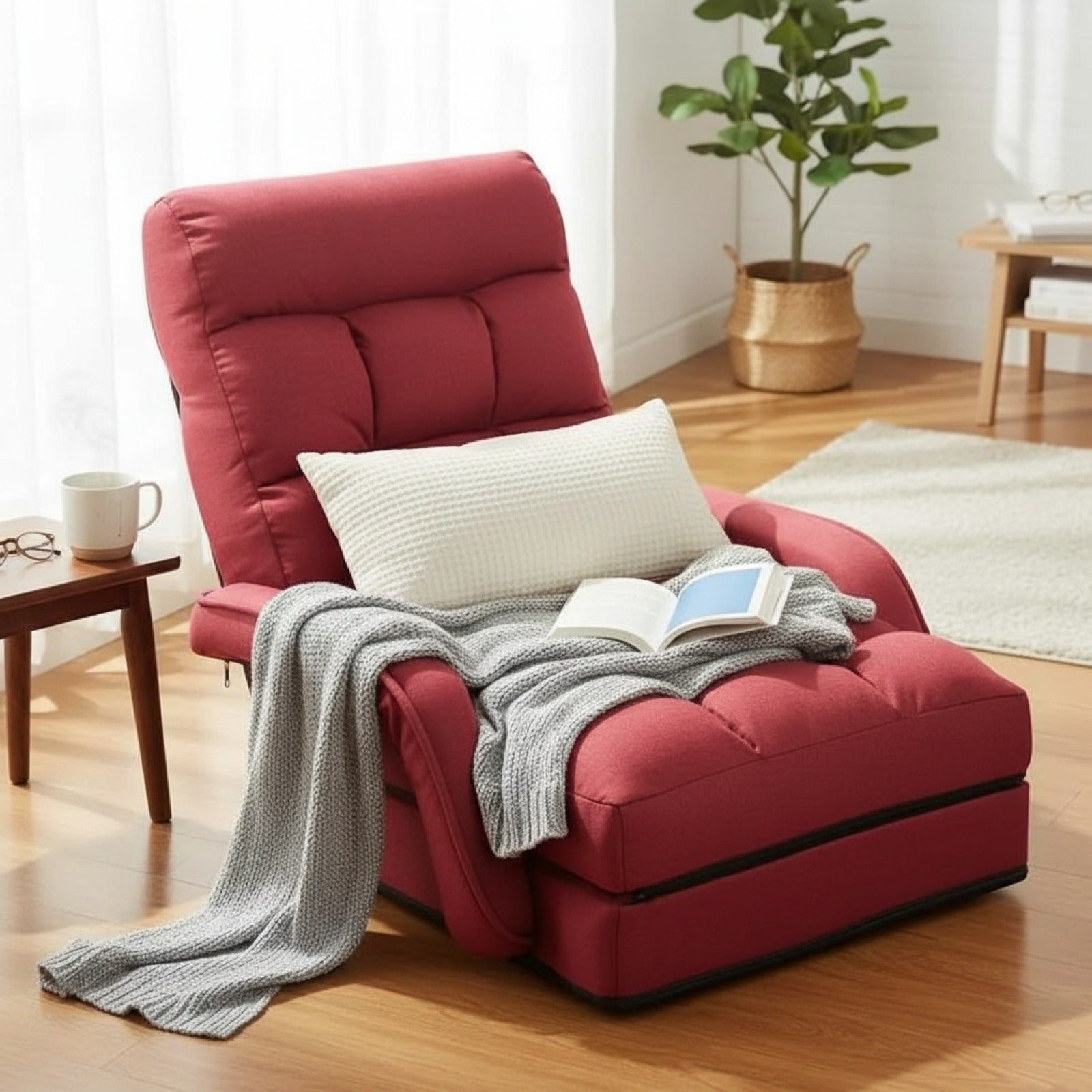 Fauteuil Pliant Lazy Rouge avec Accoudoirs et Coussin - Confortable et Pratique