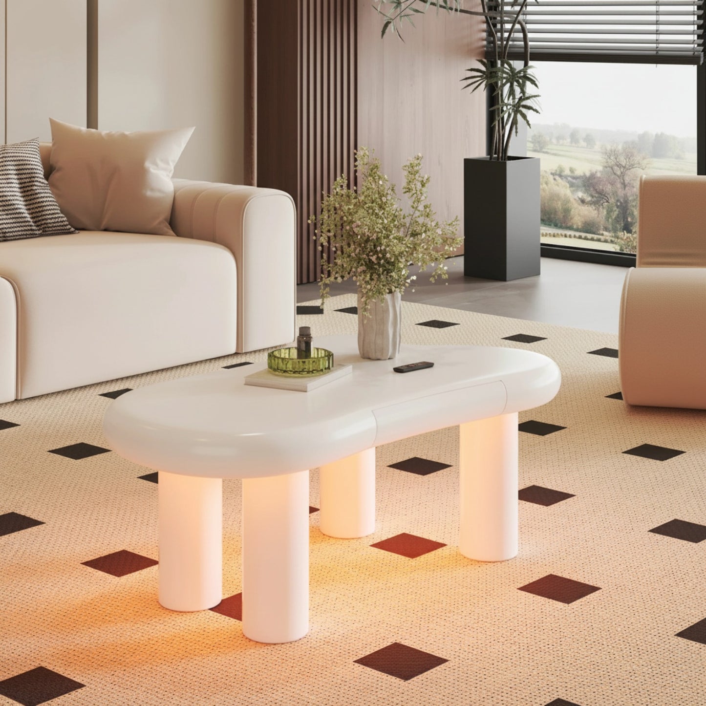 Table Basse Nuage Design Scandinave avec LED 16 Couleurs et Tiroir Rangement Blanc
