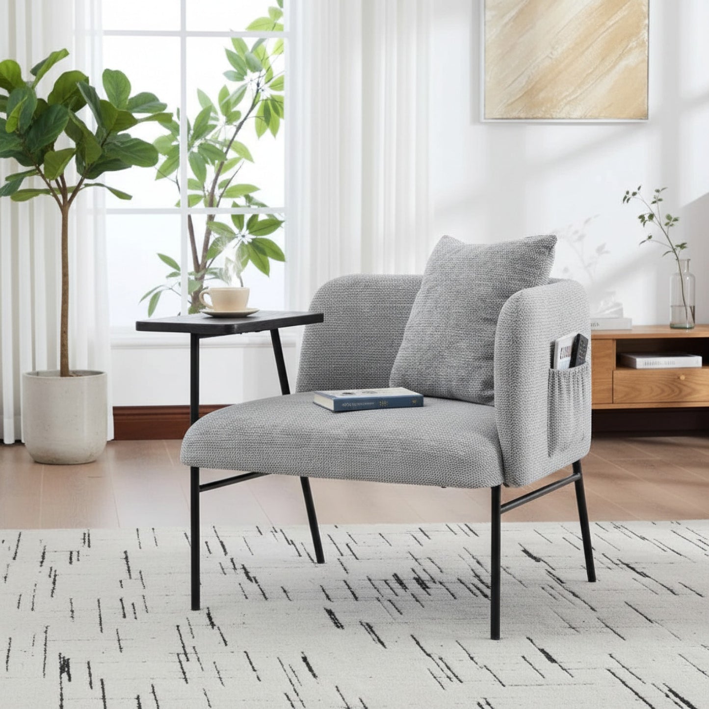 Fauteuil Moderne Gris Clair avec Table d'appoint intégrée et Poches de Rangement