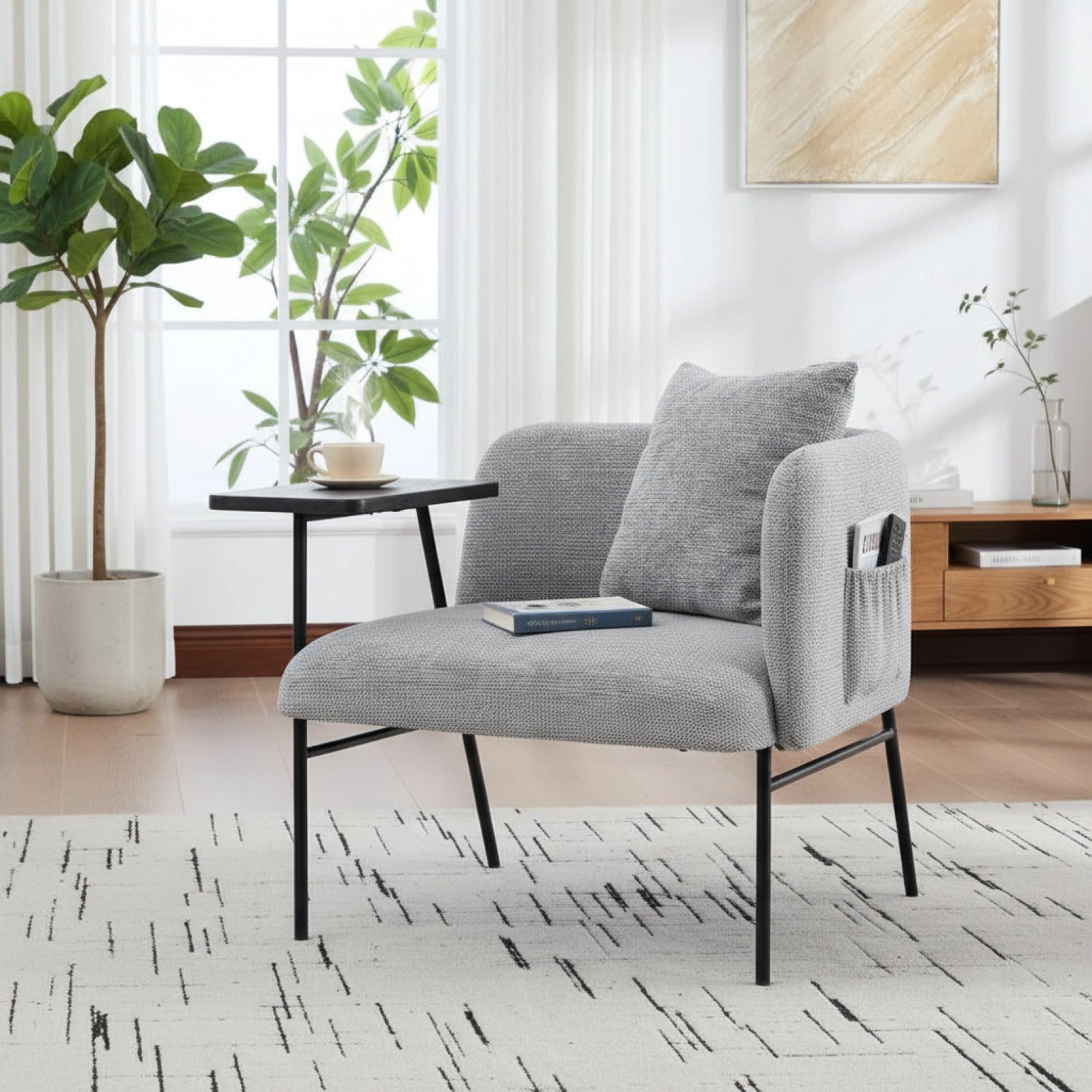 Fauteuil Moderne Gris Clair avec Table d'appoint intégrée et Poches de Rangement