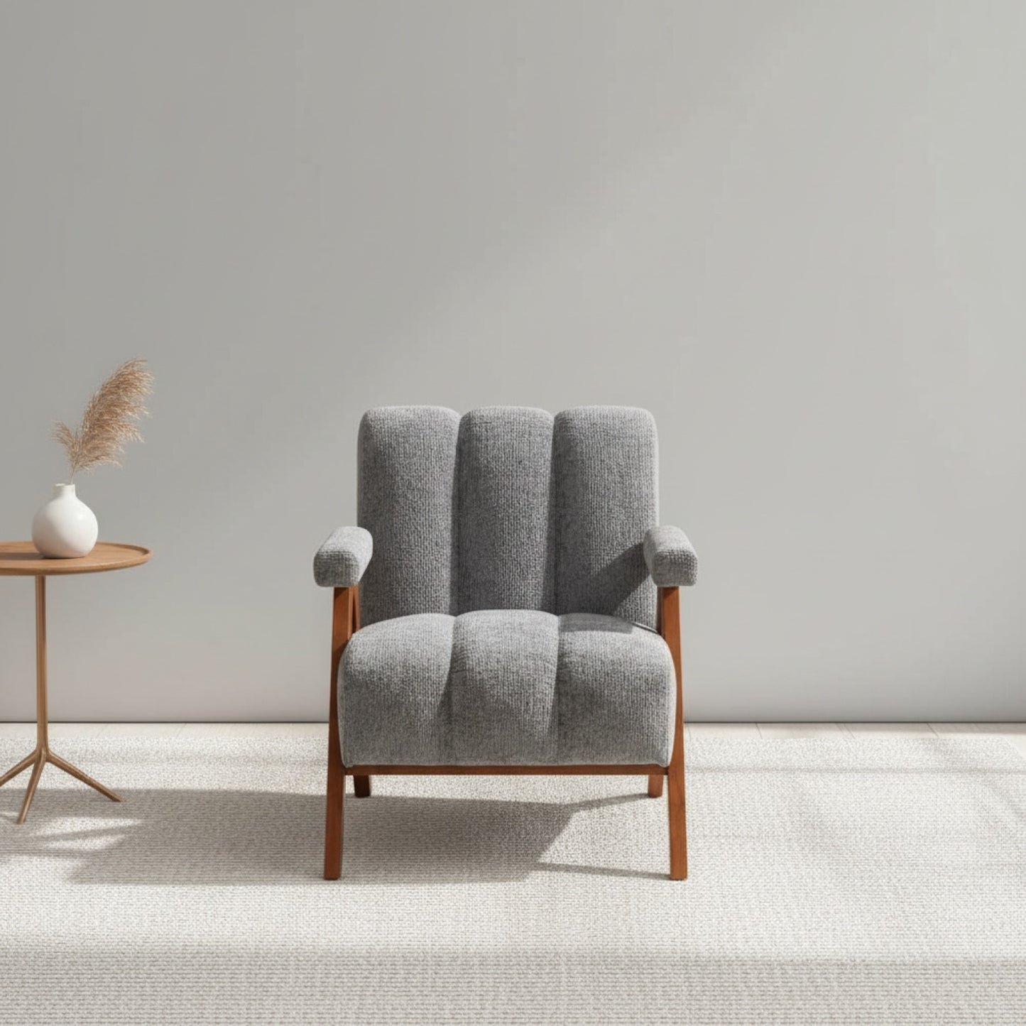 Fauteuil Bouclé Gris avec Pieds en Bois Massif - Style Moderne