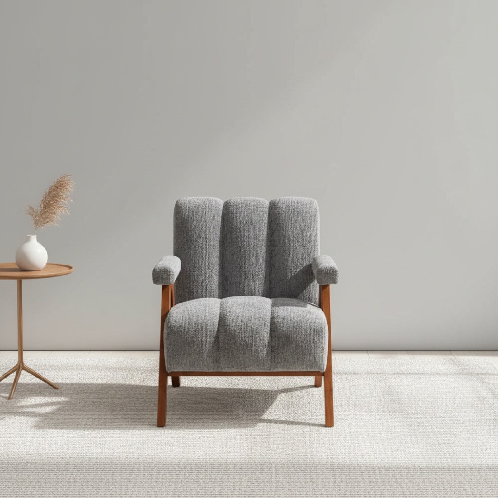 Fauteuil Bouclé Gris avec Pieds en Bois Massif - Style Moderne