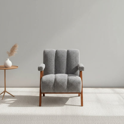 Fauteuil Bouclé Gris avec Pieds en Bois Massif - Style Moderne