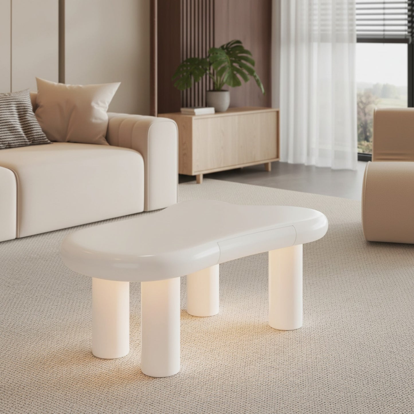 Table Basse Nuage Design Scandinave avec LED 16 Couleurs et Tiroir Rangement Blanc