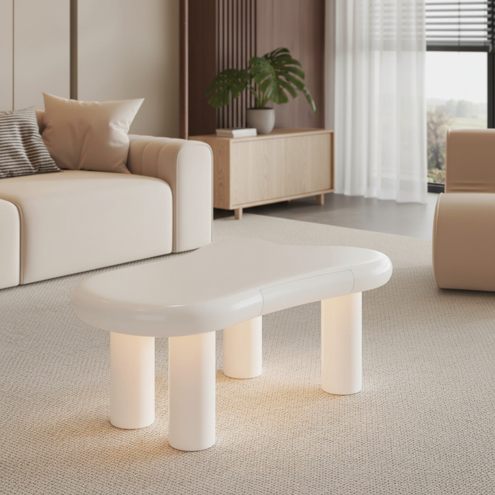Table Basse Nuage Design Scandinave avec LED 16 Couleurs et Tiroir Rangement Blanc