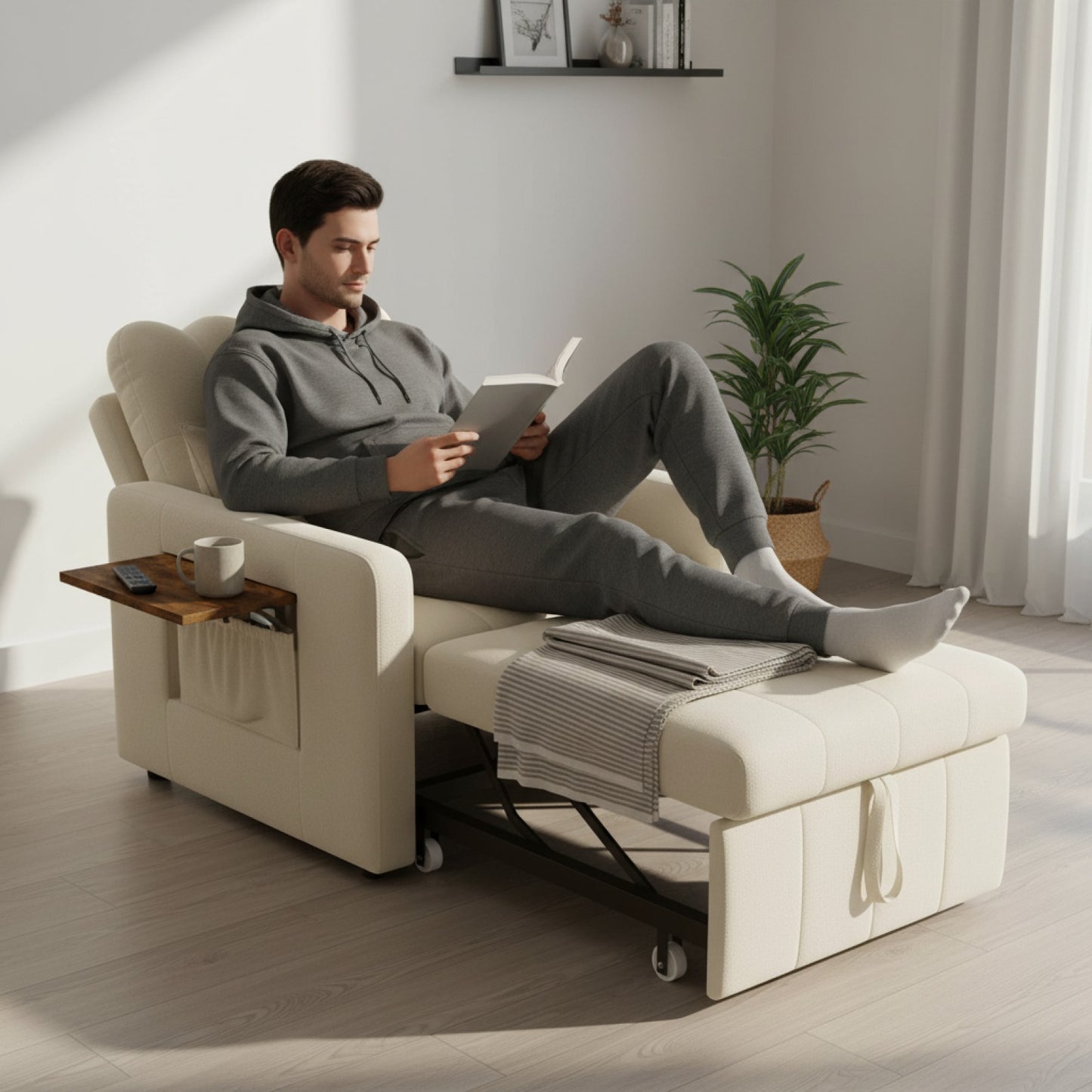 Fauteuil Convertible 3-en-1 Fangange : Lit d'appoint, Siège Ajustable avec Poche Latérale et Table Pliante