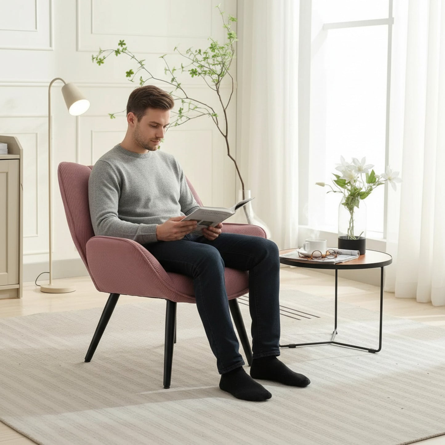 Fauteuil Moderne en Velours Côtelé Rose avec Pieds en Métal - Confort et Style pour le Salon
