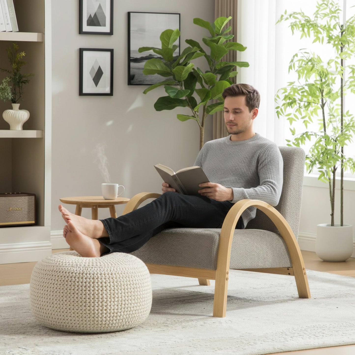 Fauteuil Lounge Scandinave en Velours Chenille avec Pieds en Bois Massif - Confort Moderne pour Salon & Chambre