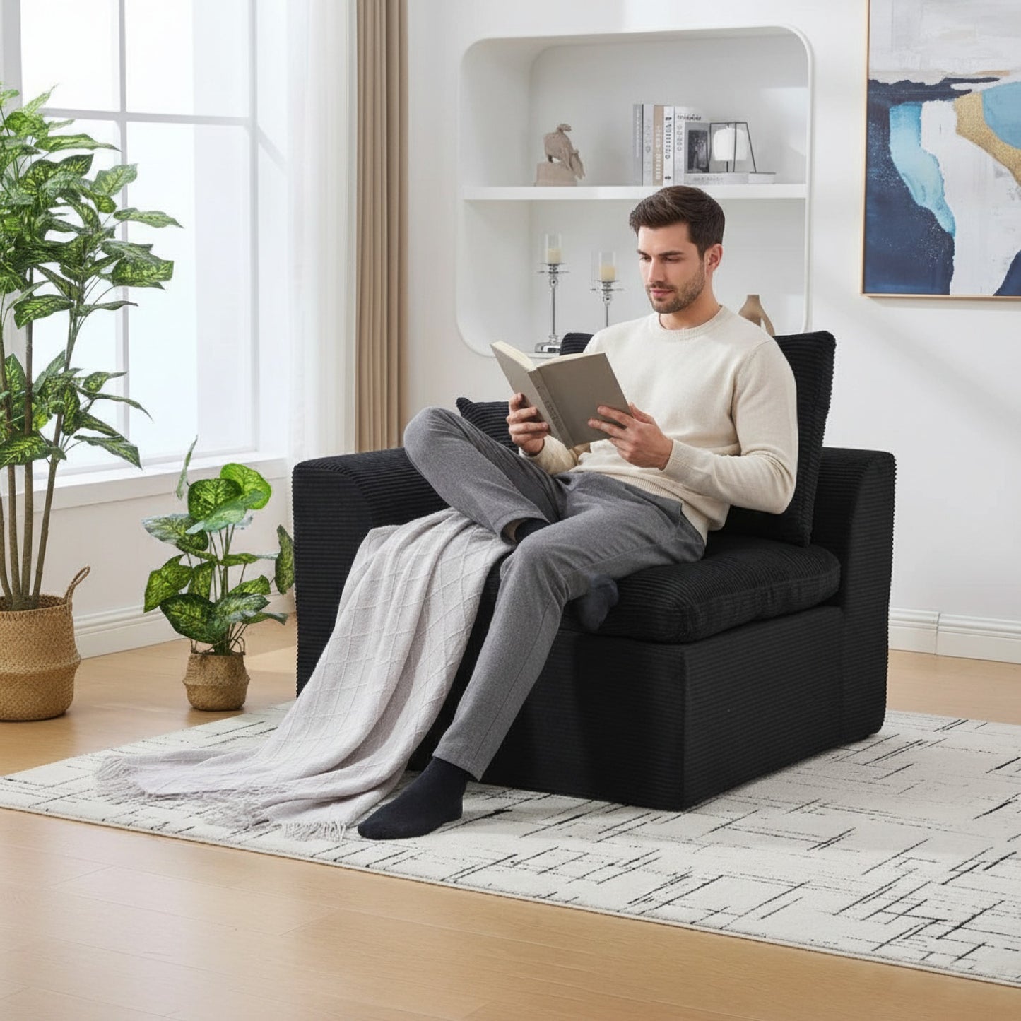 Fauteuil Salon Minimaliste Moderne en Coton Doux et Confortable avec Coussin