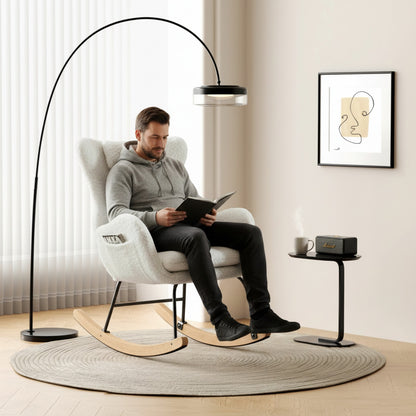 Fauteuil à bascule design en tissu teddy beige, avec repose-tête et coussin lombaire