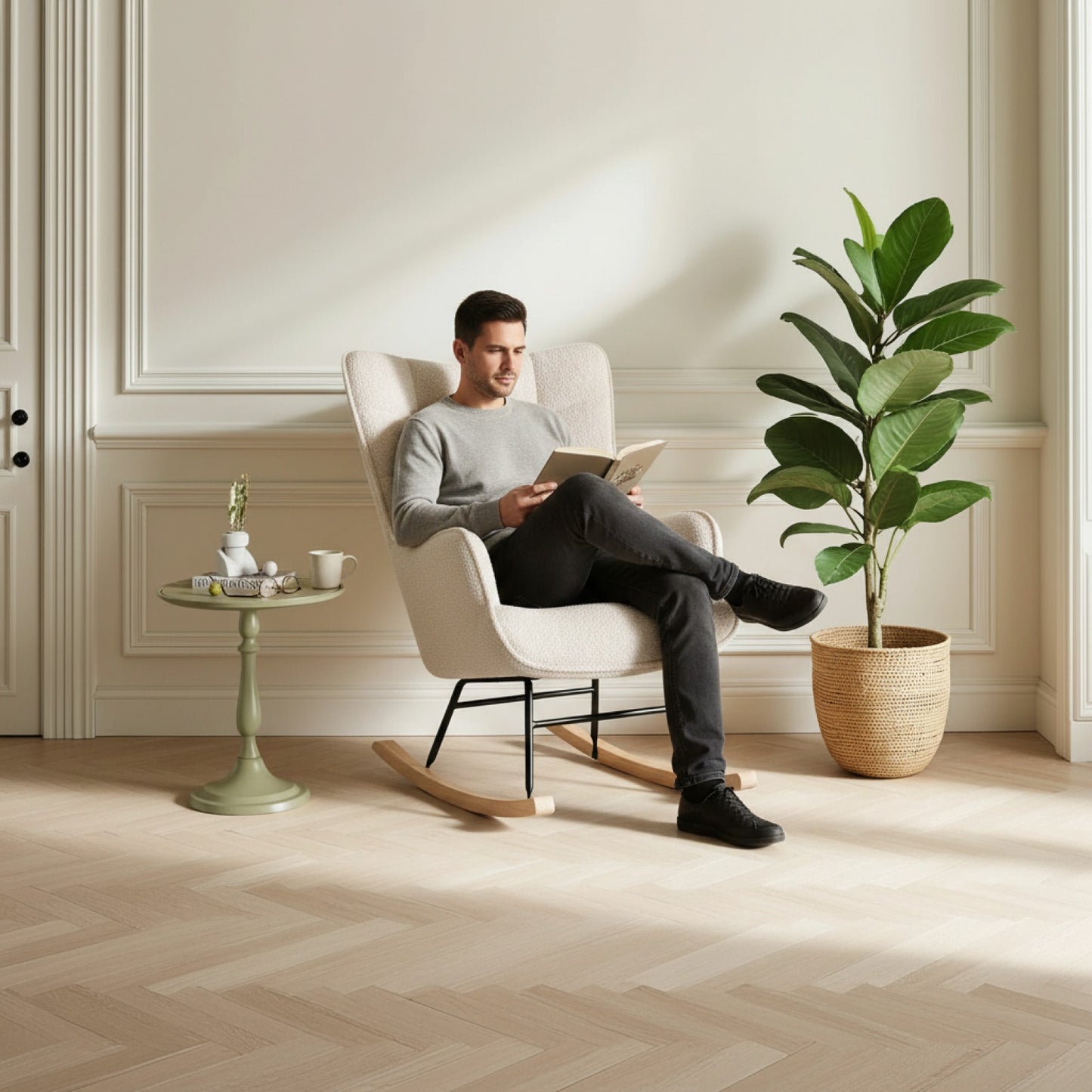 Fauteuil à bascule Superaly en velours Teddy beige, style moderne pour salon et chambre