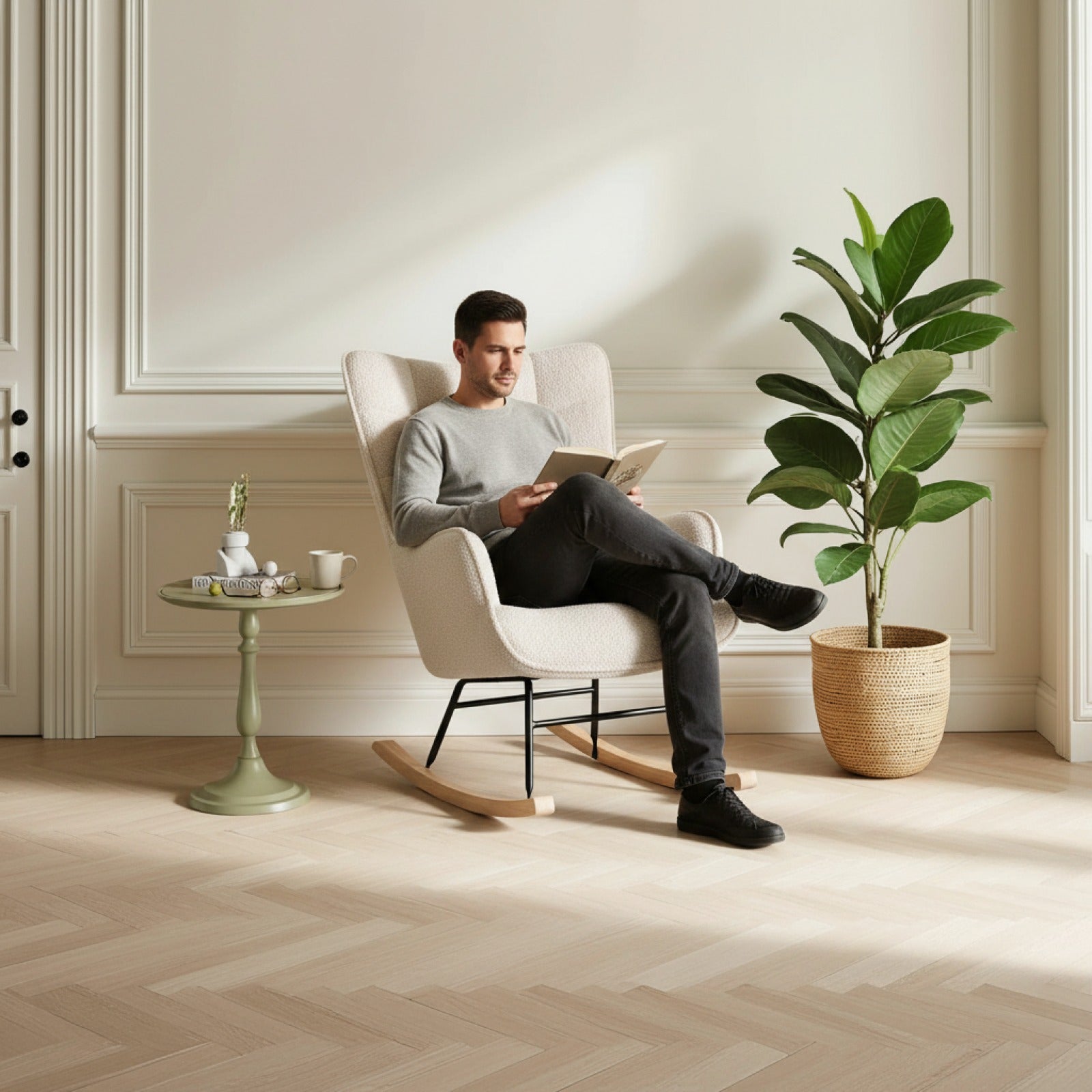 Fauteuil à bascule Superaly en velours Teddy beige, style moderne pour salon et chambre