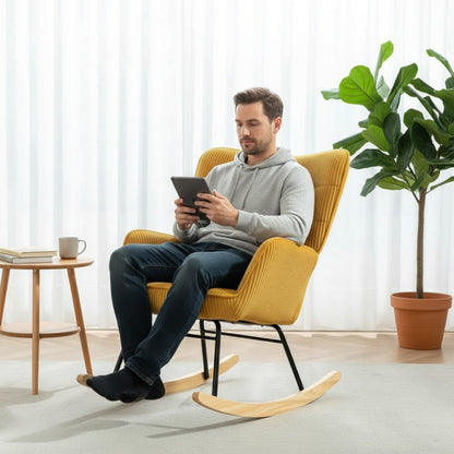 Fauteuil à Bascule Jaune Confortable avec Accoudoirs et Pieds en Bois