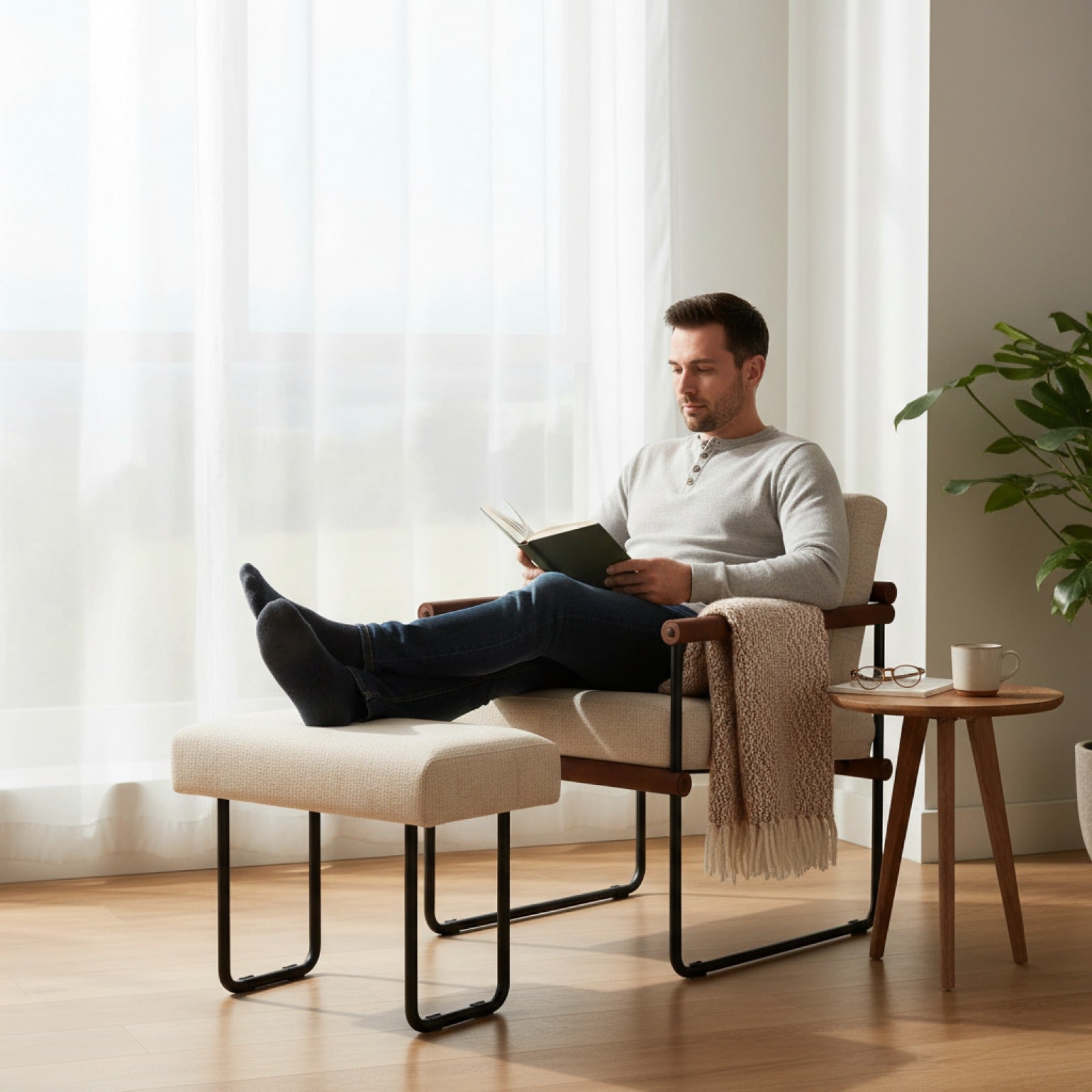 Fauteuil Moderne en Métal avec Coussin Confortable en Coton Lin
