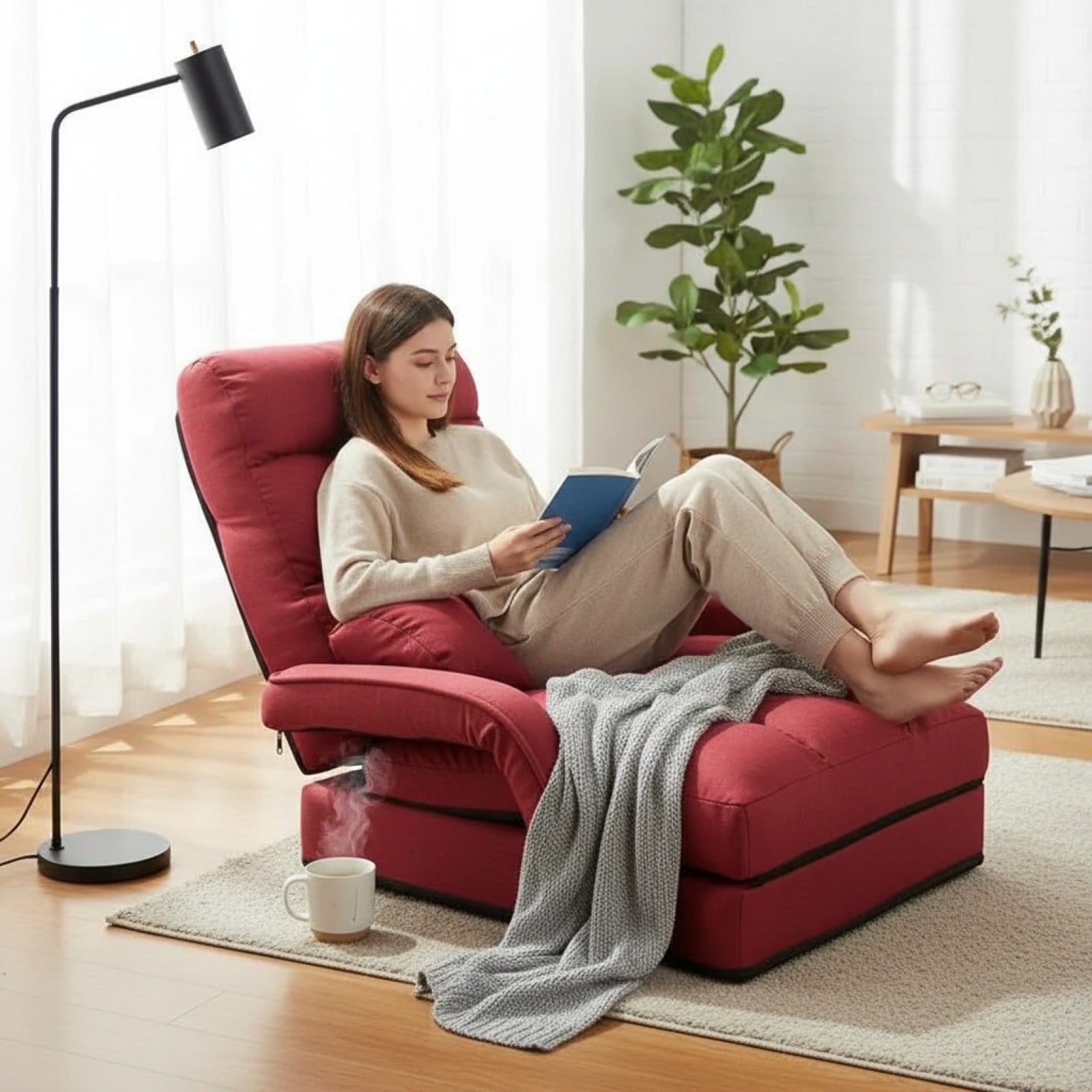 Fauteuil Pliant Lazy Rouge avec Accoudoirs et Coussin - Confortable et Pratique