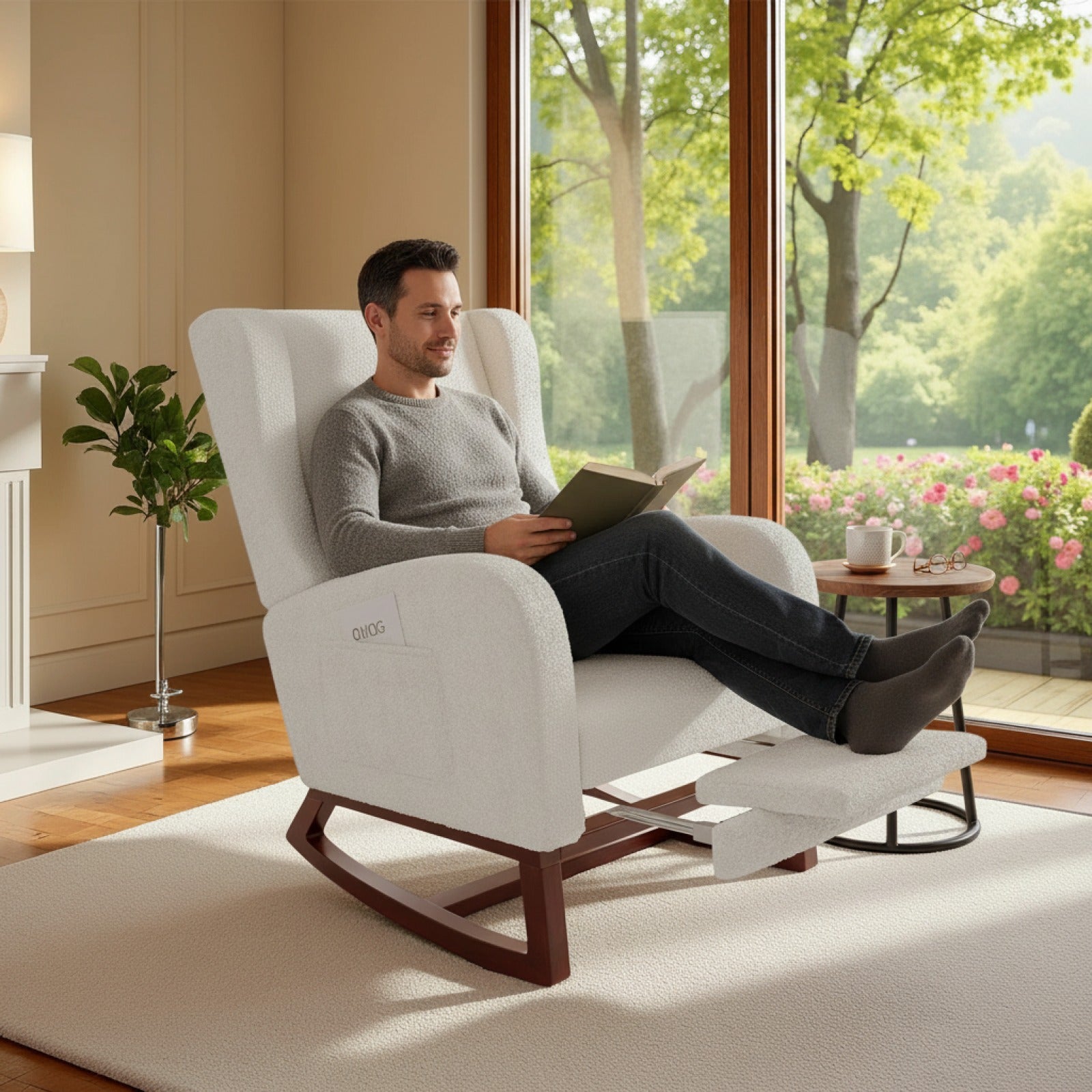 Fauteuil à Bascule Superaly en Velours Teddy Blanc avec Repose-Pieds et Coussin Lombaire