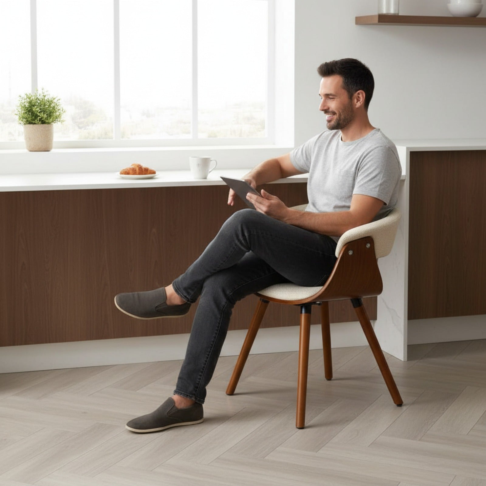 Fauteuil de salle à manger et de cuisine, aspect lin, beige, pieds en bois