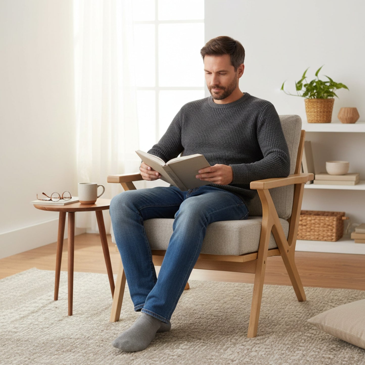 Fauteuil Scandinave HOMCOM en Tissu Beige avec Coussin Épais et Pieds en Hévéa